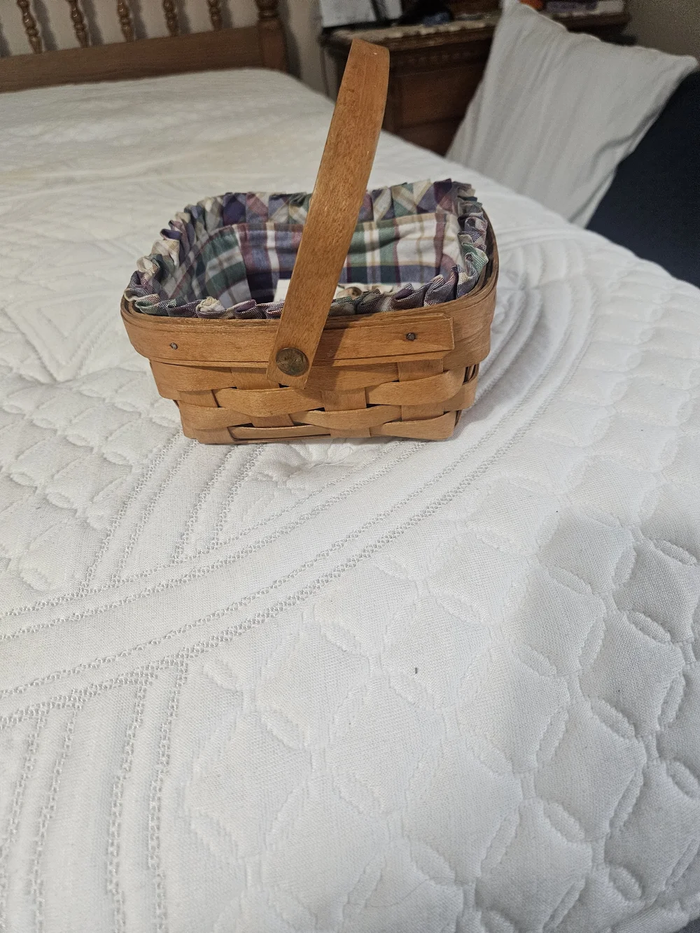 Longaberger Brown Wood Basket with Blue-Green Plaid Liner